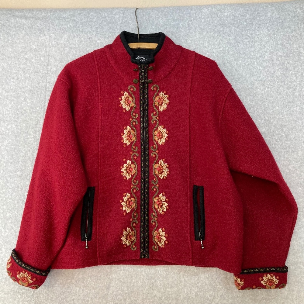 Icelandic Design L Boiled Wool Embroidered Full Zip Sweater Jacket Pockets
